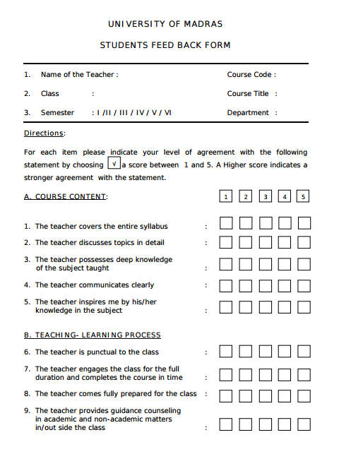 university student feedback form sample