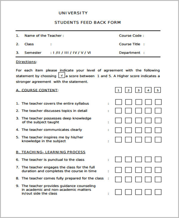 university student feedback form