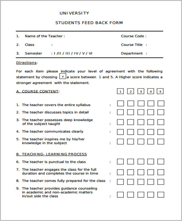 FREE 27+ Sample Student Feedback Forms in PDF | MS Word | Excel