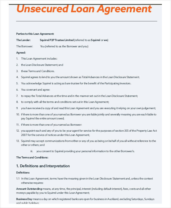 unsecured loan agreement pdf format