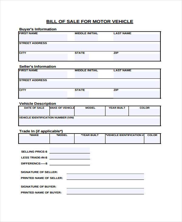 used vehicle bill of sale form