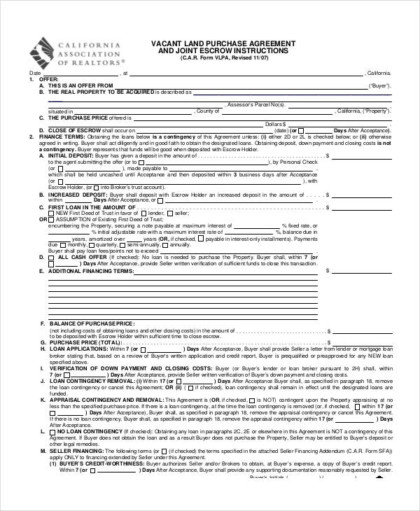 vacant land purchase agreement form