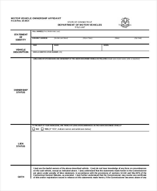 vehicle affidavit ownership form