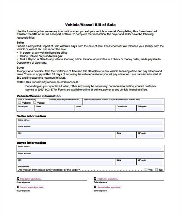 vehicle bill sale form