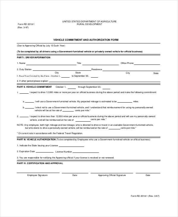 vehicle commiement authorization form