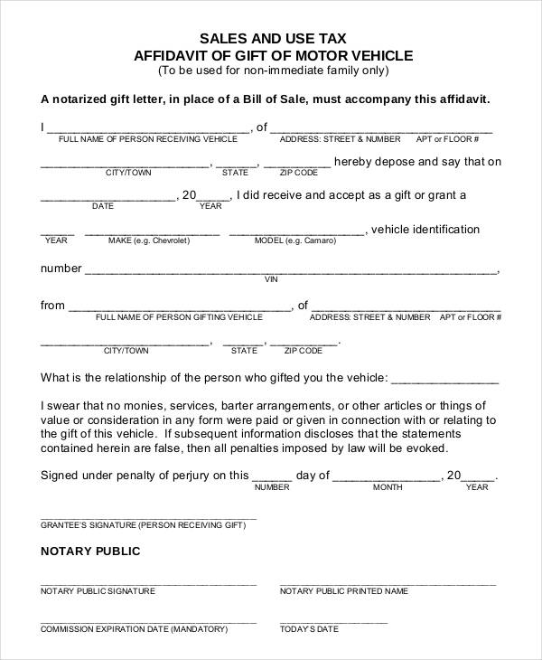 vehicle gift affidavit form example