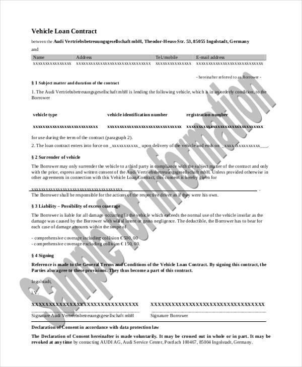 vehicle loan contract form