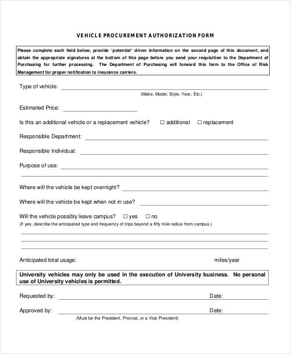 vehicle procurement authorization form