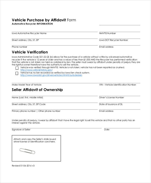 vehicle purchase affidavit form