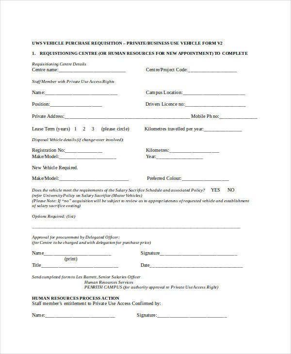 vehicle purchase requisition form
