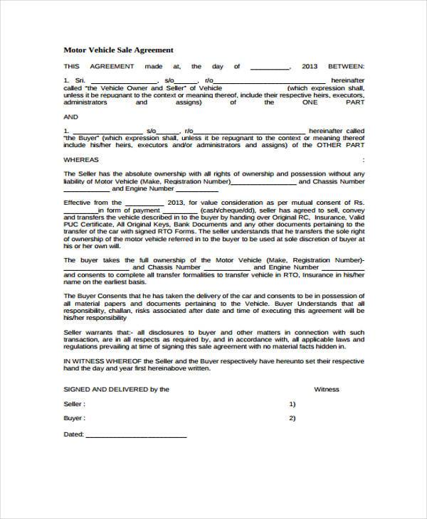 vehicle purchase and sale agreement form