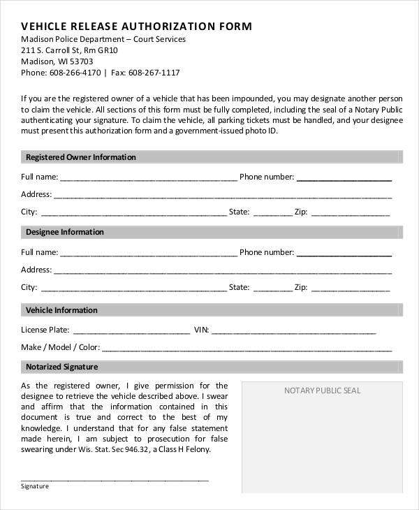 vehicle release authorization form