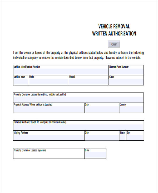 Free 14 Vehicle Authorization Forms In Pdf Ms Word 3193