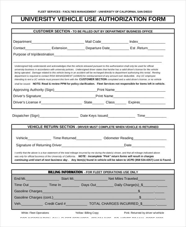 vehicle use authorization form