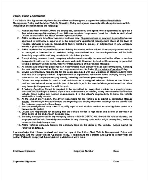 vehicle use contract agreement form
