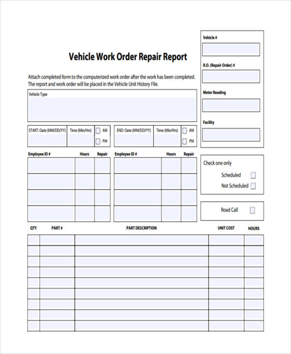 vehicle work order repair form