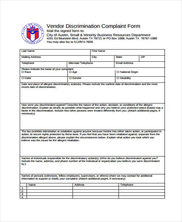 vendor discrimination complaint form