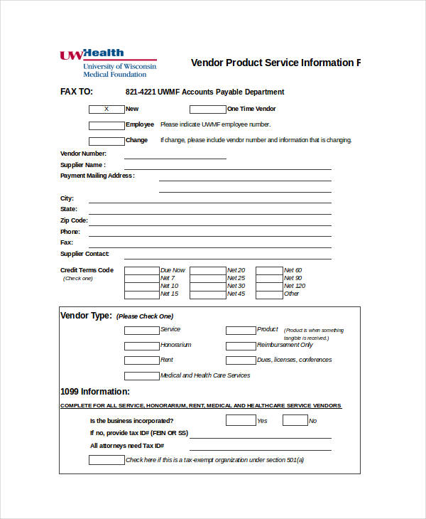 vendor product service form