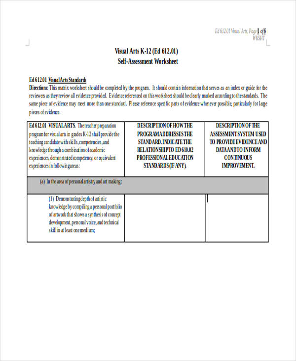 visual arts self assessment worksheet
