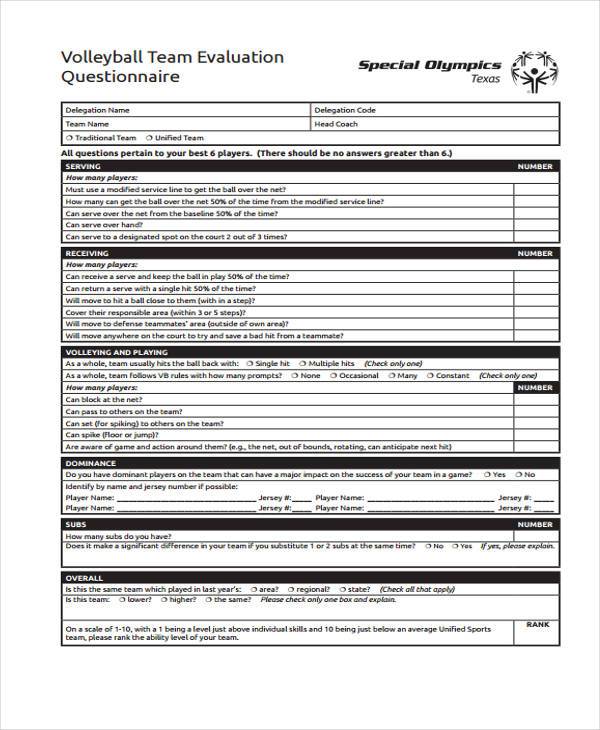 FREE 8+ Volleyball Evaluation Forms in PDF | MS Word