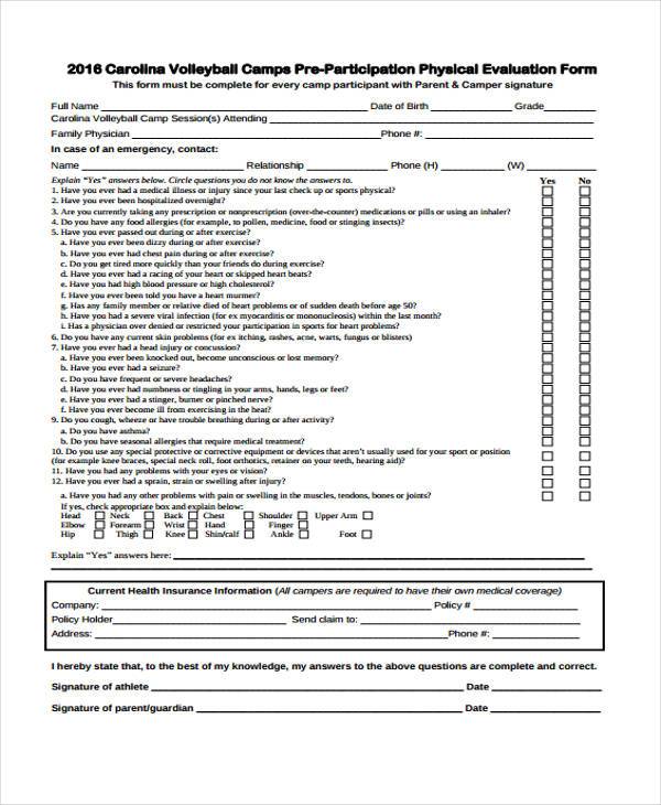 volleyball pre participation evaluation form example