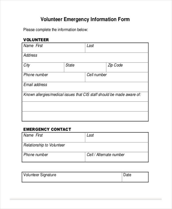 volunteer emergency contact information form
