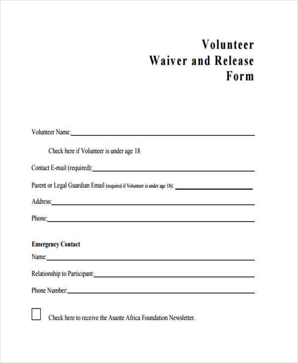 volunteer release waiver form template