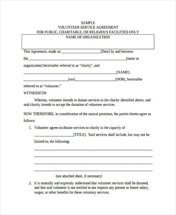 volunteer service agreement form