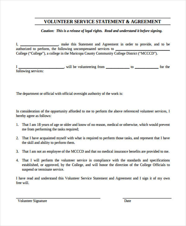 volunteer service statement agreement form
