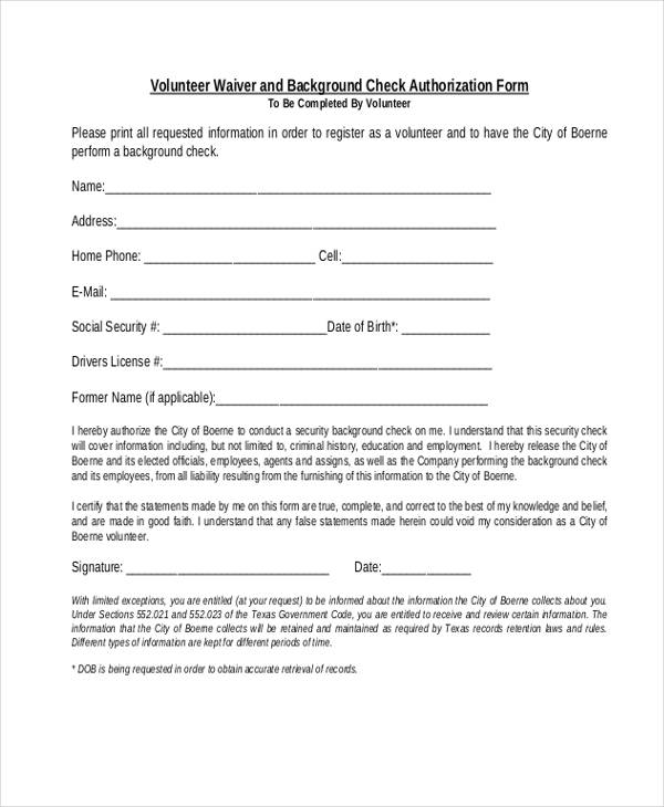 volunteer waiver check authorization form