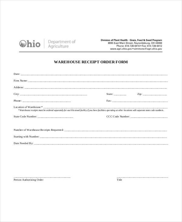 warehouse receipt order form
