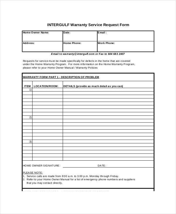 warranty service request form
