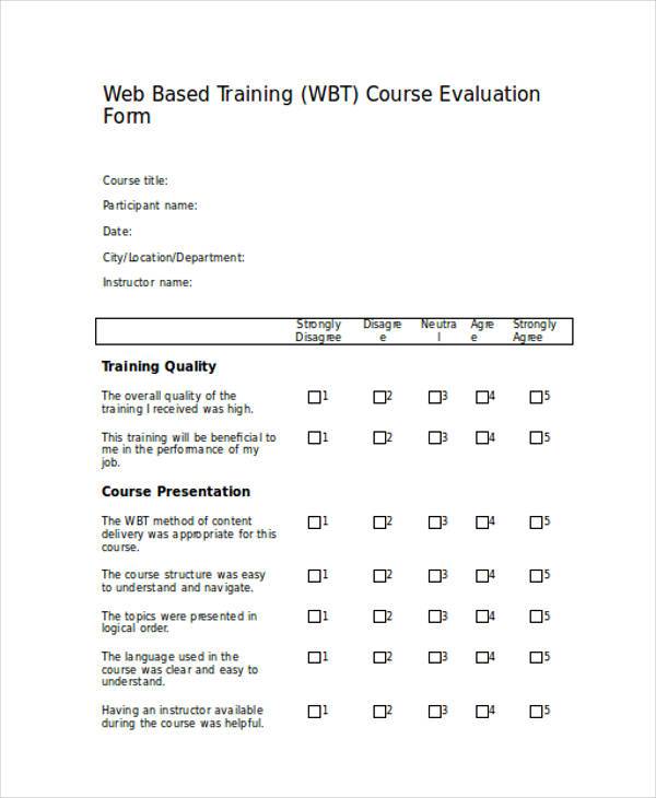 web based training course evaluation form
