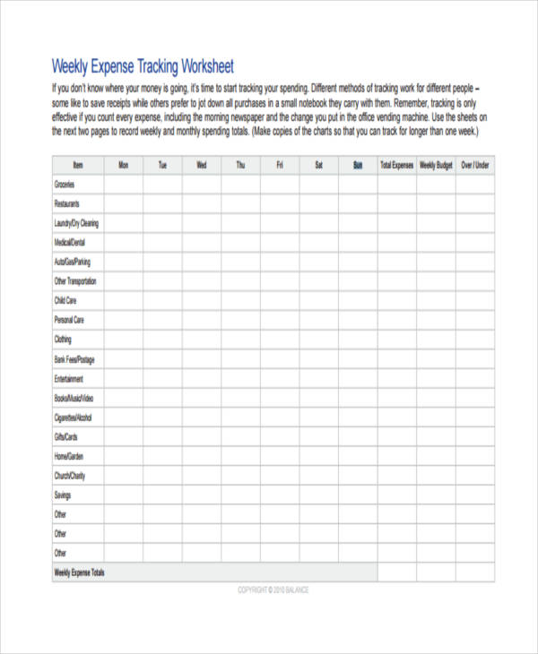 weekly expense tracking sheet form