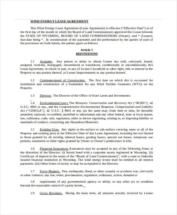 wind energy lease agreement form