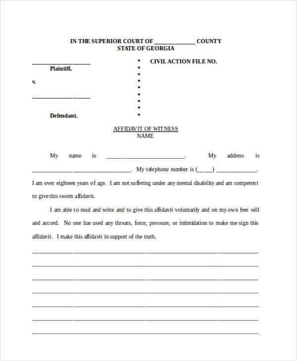witness affidavit form example