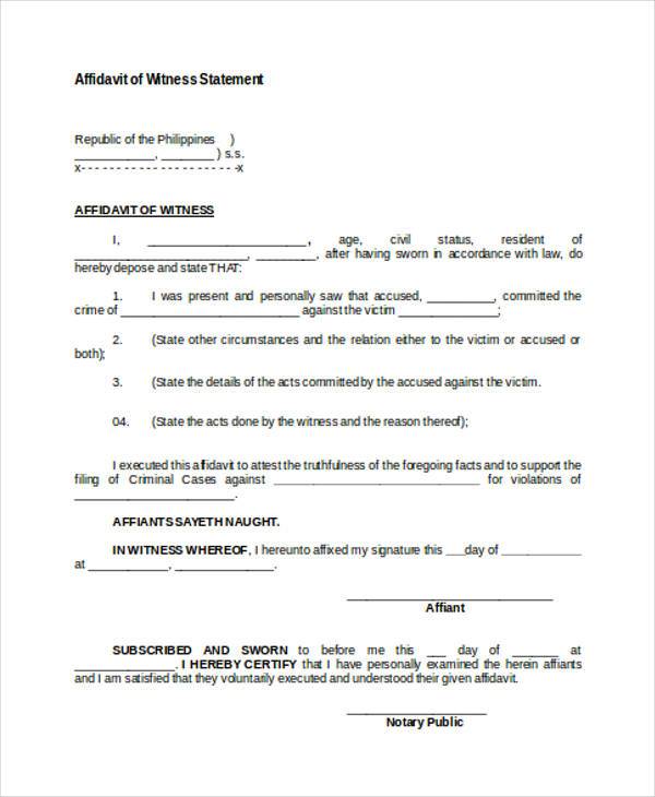 witness statement affidavit form sample