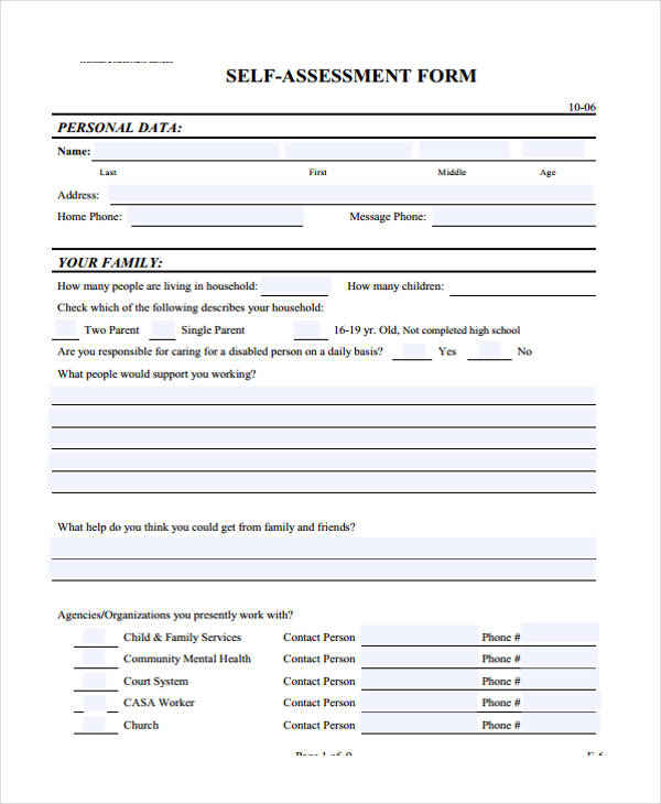 work experience self assessment form