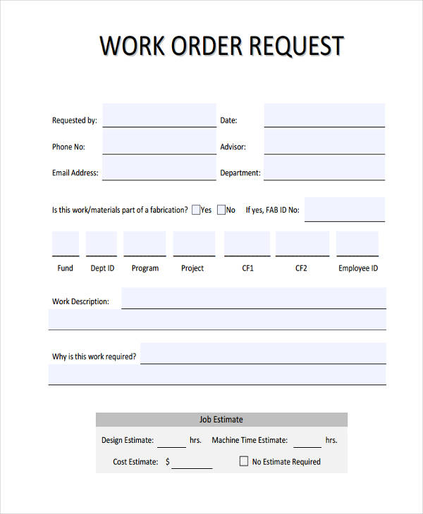 Free 9 Sample Work Order Forms In Ms Word Pdf Work Order Template 