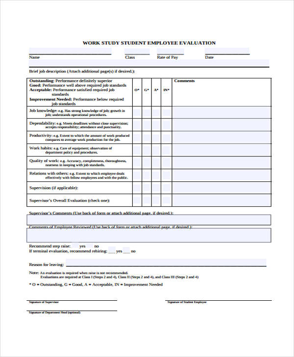 work study student employee evaluation form