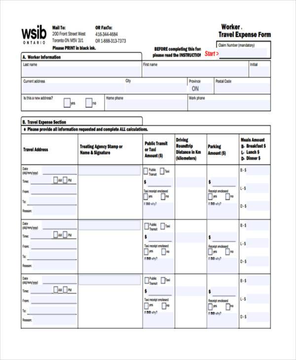 Wsib Travel Expense Form Printable