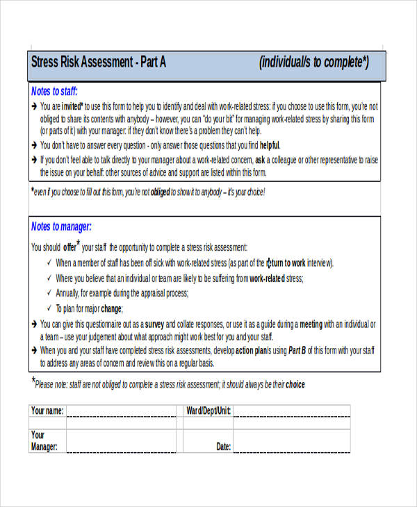 workplace stress risk assessment form