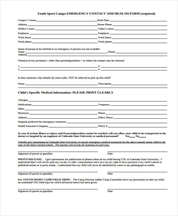 youth camp emergency contact form