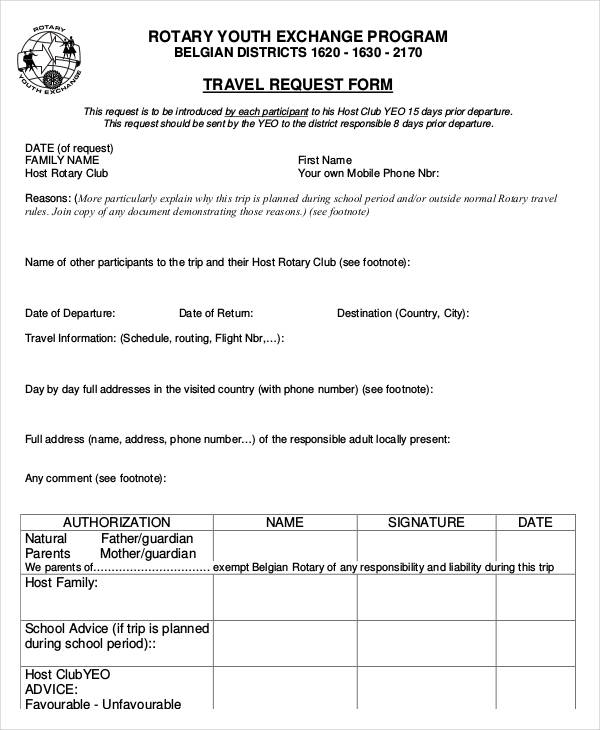 youth exchange travel request form