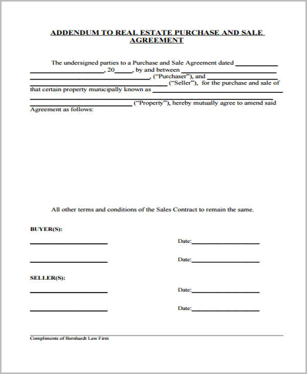 addendum to real estate purchase sale agreement