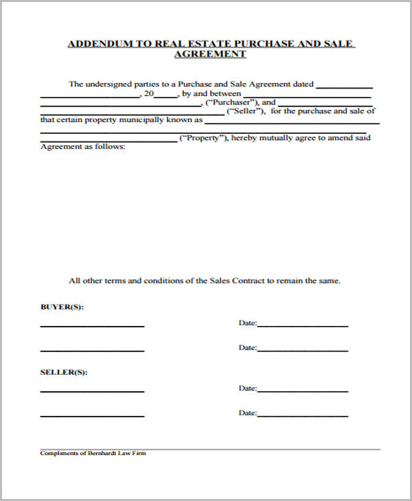 Addendum to Real Estate Purchase Sale Agreement