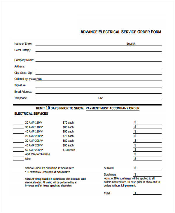 advance standard electrical service order form