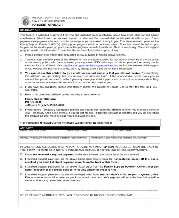 affidavit child support payment form