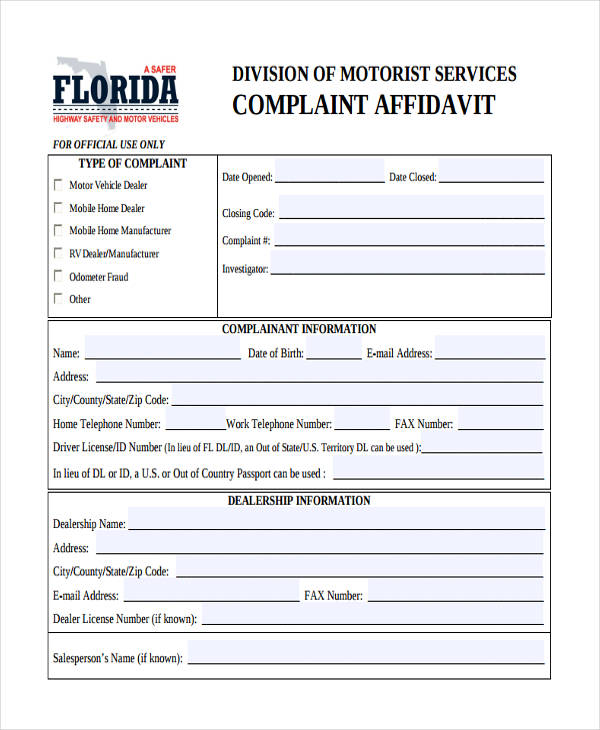 affidavit complaint form