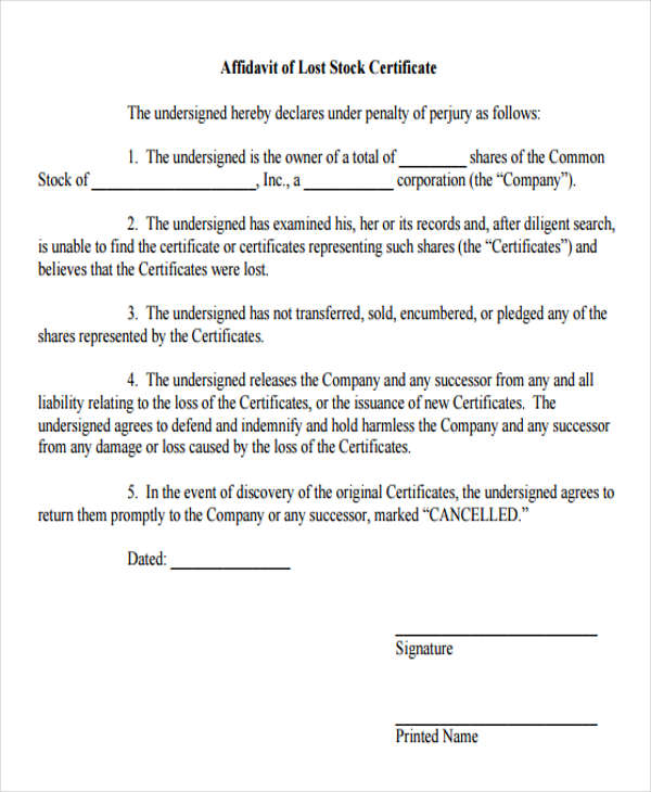 affidavit lost stock certificate